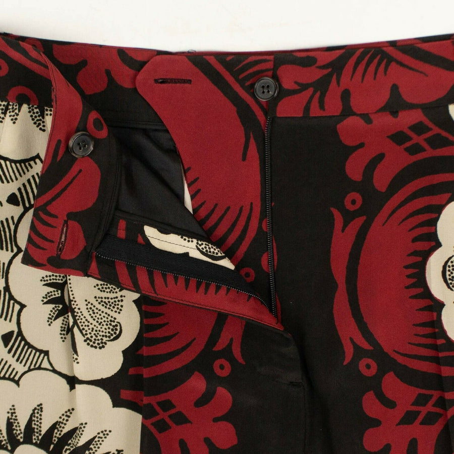 Multi-Color Printed Silk Pleated Front Shorts - Red / Beige