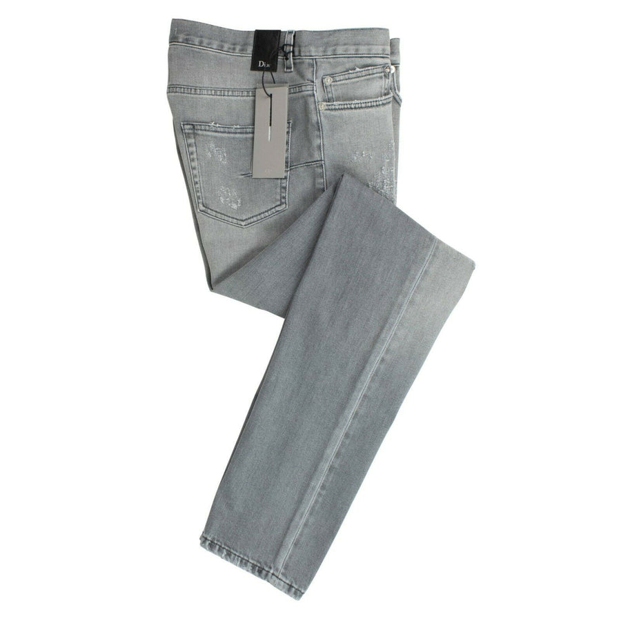 Faded Cotton Blend Distressed Jeans - Gray