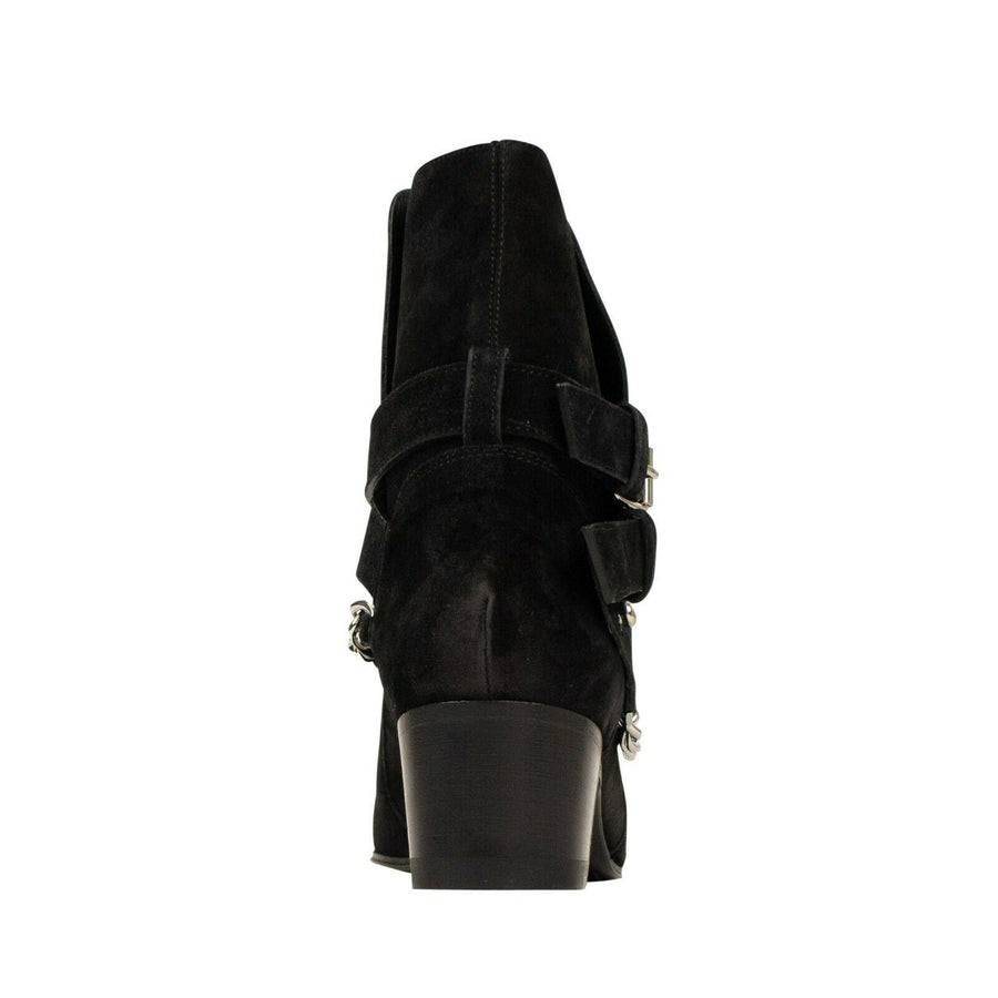 Suede Buckle Chain Boots - Black