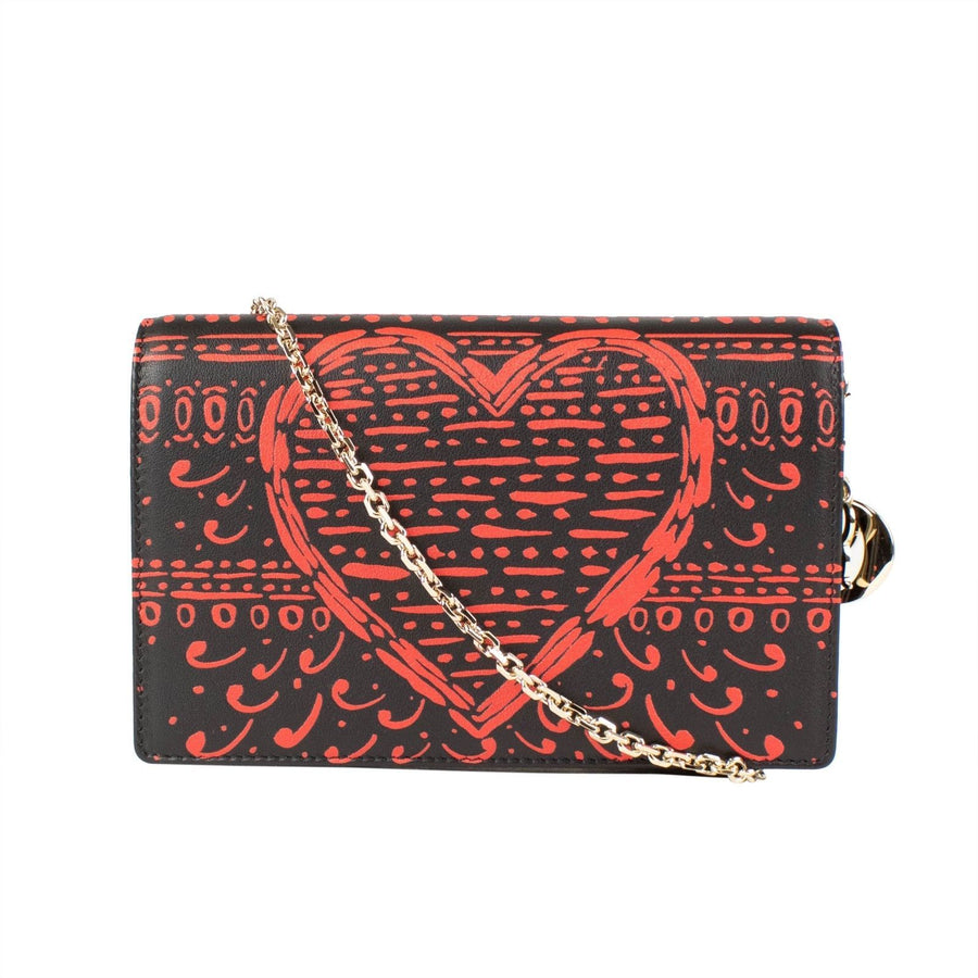 Leather Printed Heart Lady Dior Pouch Wallet - Red / Black