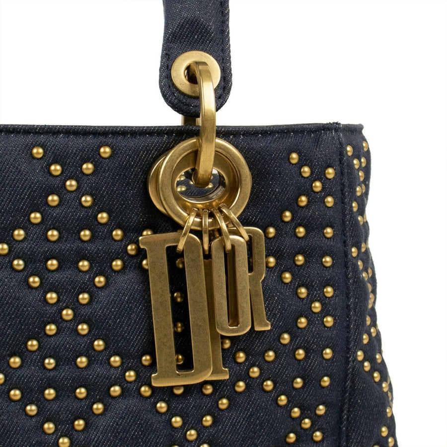 Medium Denim Studded Lady Dior Shoulder Bag - Denim  Blue