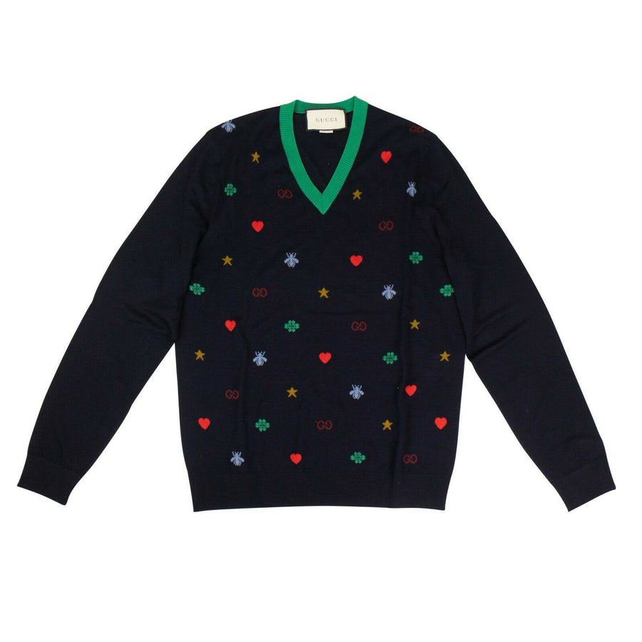 Wool GG Multi-Color Logo Print V-Neck Sweater - Navy