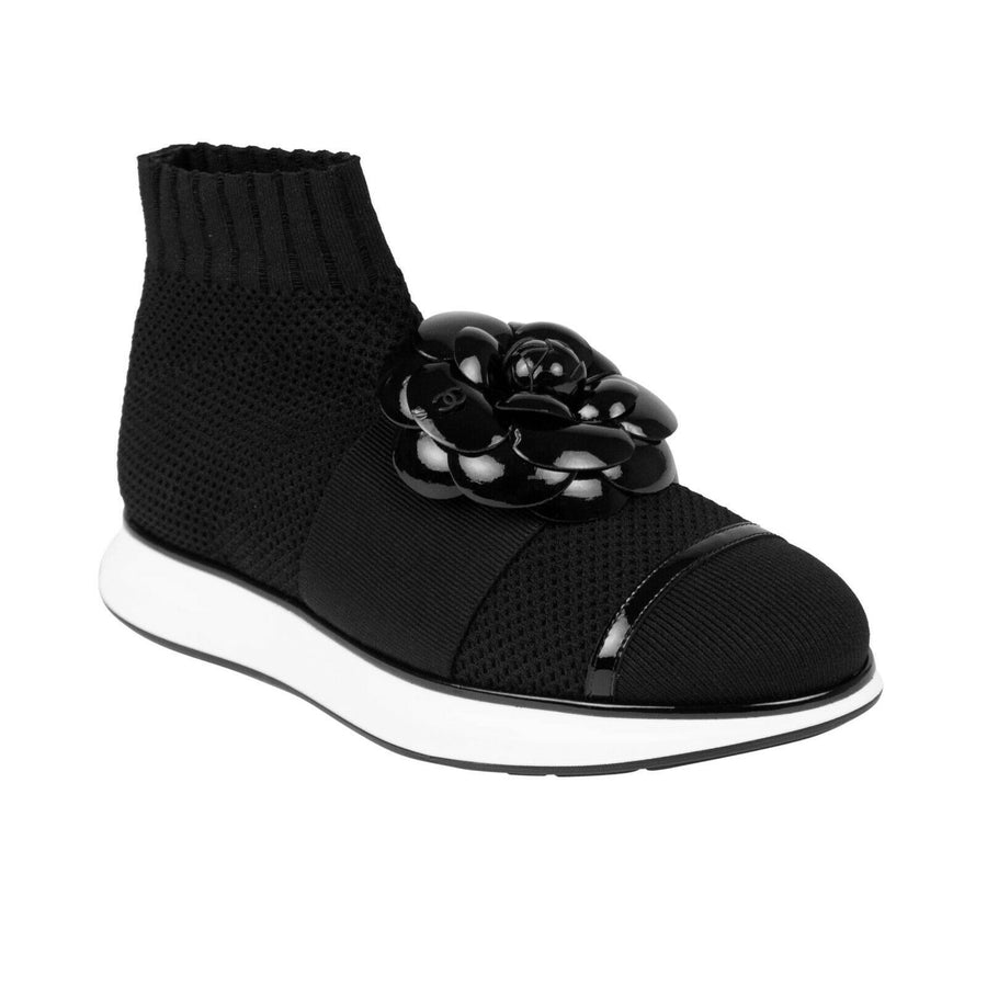 Knit And Patent Flower Sock Sneakers - Black