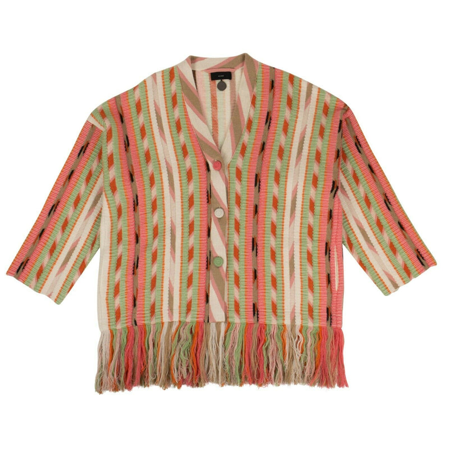 Cashmere Striped Pattern Fringed Cardigan - Multi-Color