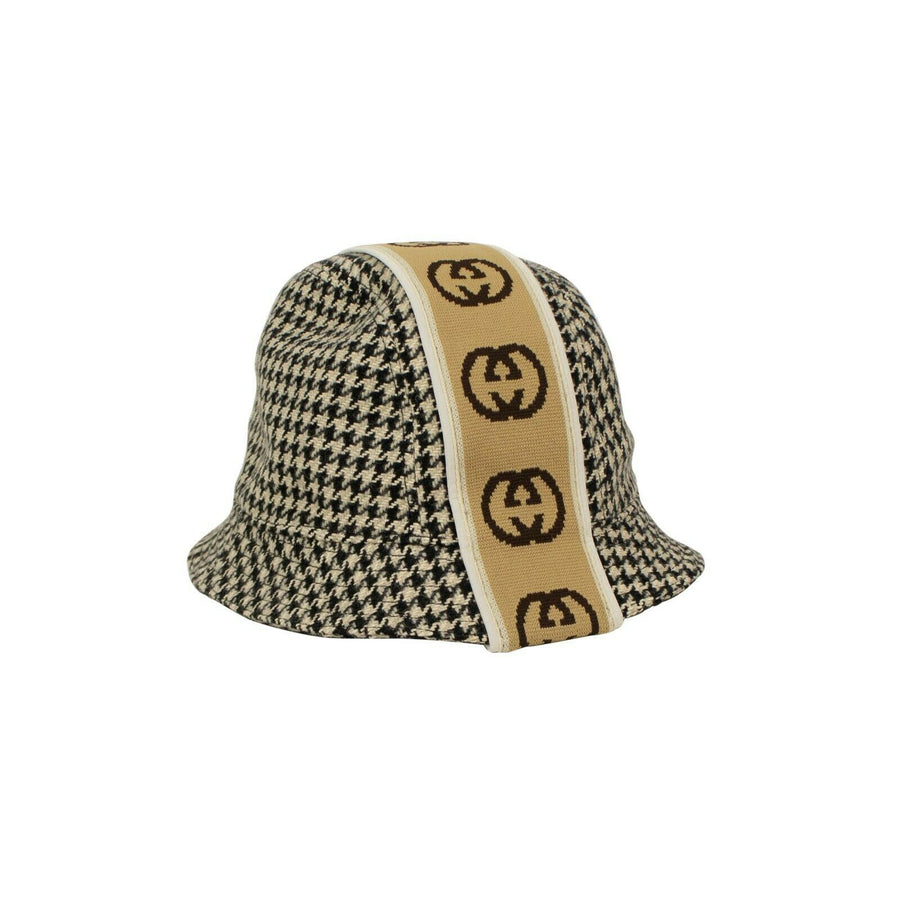 Houndstooth With Interlocking G Stripe Hat - Black And White