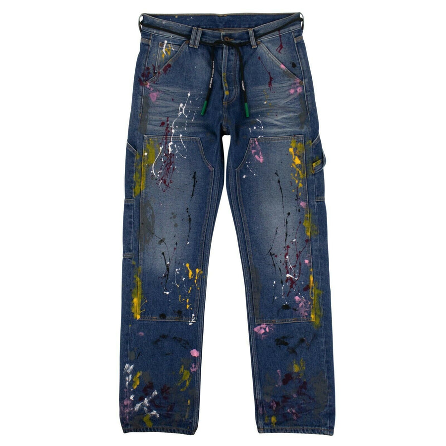 Cotton Painted Denim Pants - Blue