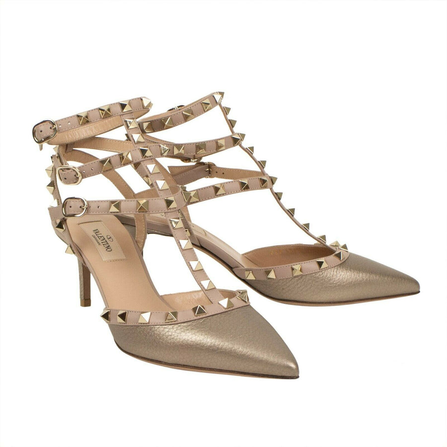 Metallic Leather Rockstud Ankle Strap Pumps - Metallic Pink / Blush