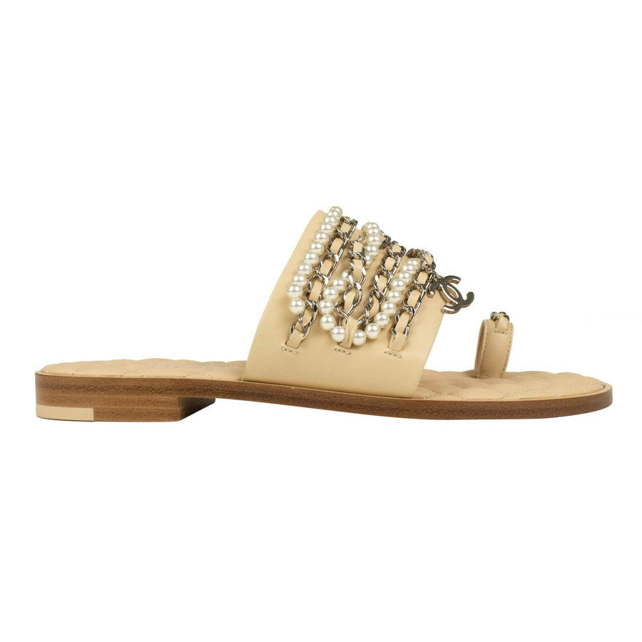 Chanel Leather Silver Pearl Chain Logo Toe Ring Sandals