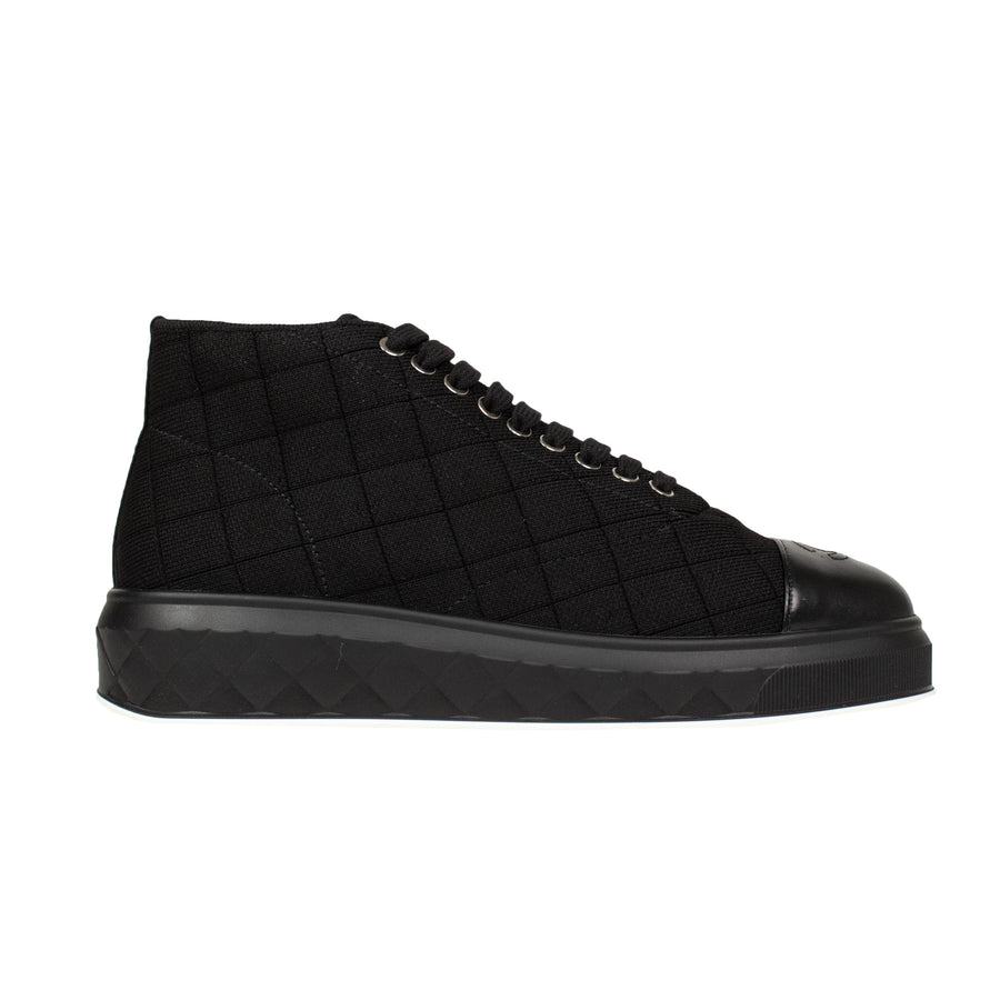 Quilted Canvas & Leather Lace Up Sneakers - Black