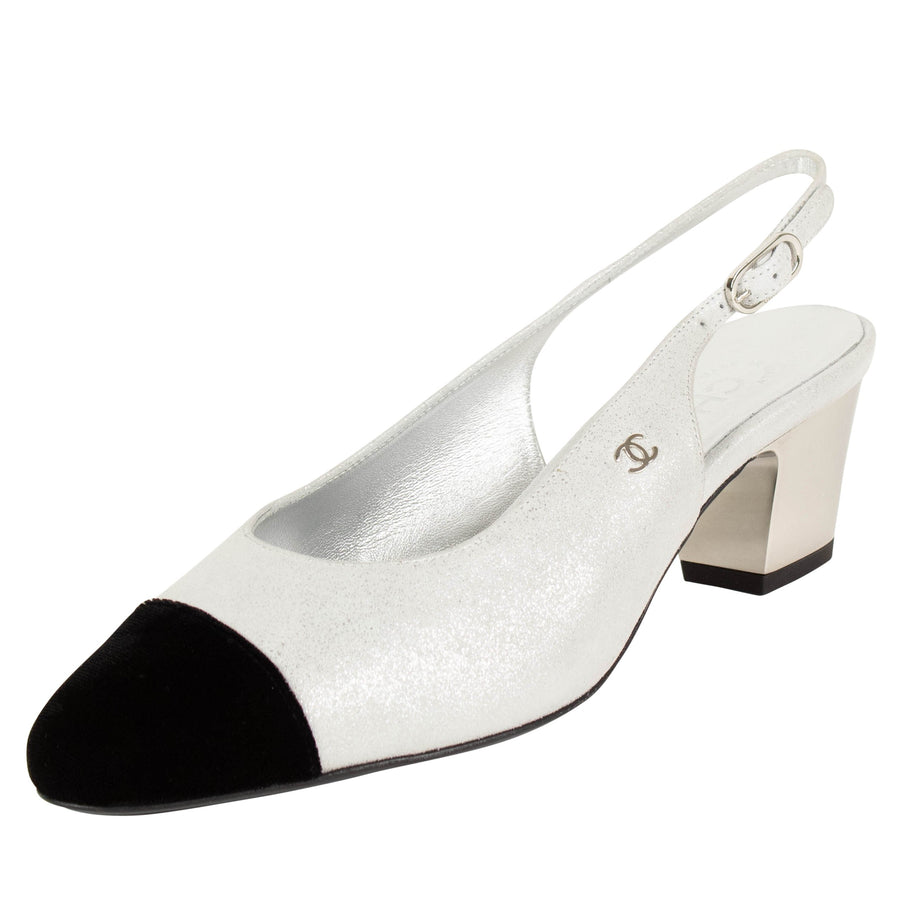 Laminated Goatskin Leather Sling-Back Heels - Silver