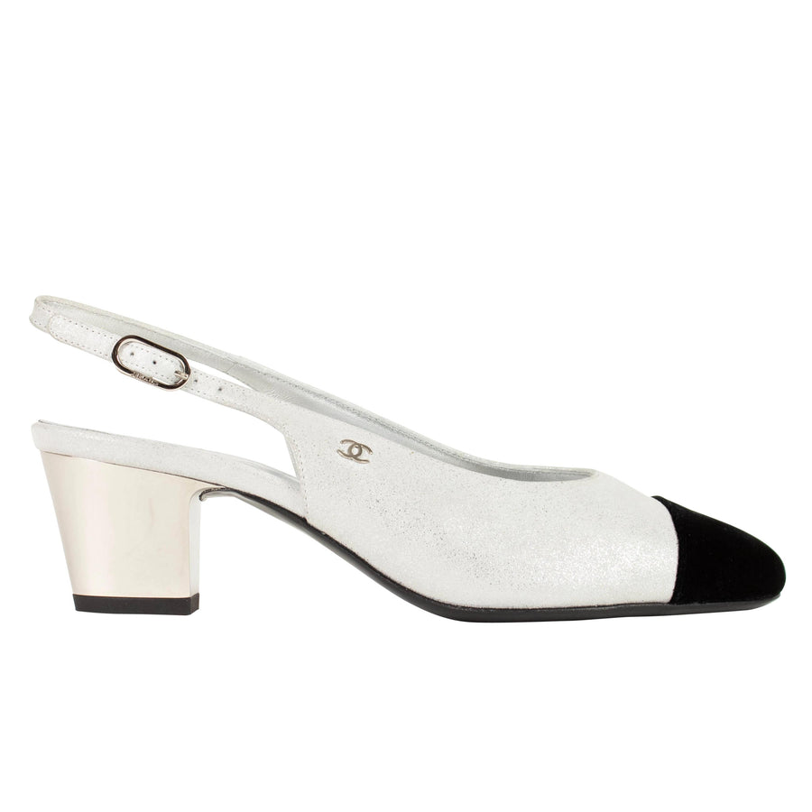 Laminated Goatskin Leather Sling-Back Heels - Silver