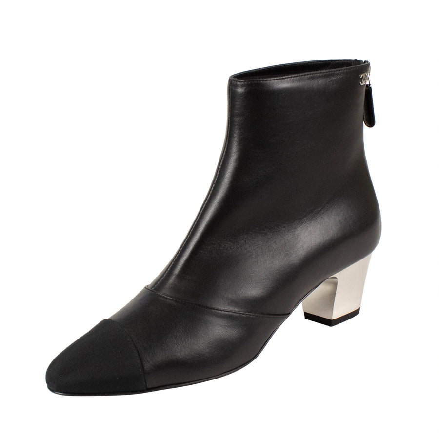 Lambskin Leather And Grosgrain Cap Toe Short Boots - Black