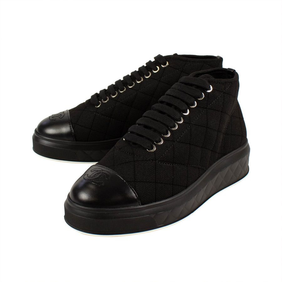 Quilted Canvas & Leather Lace Up Sneakers - Black