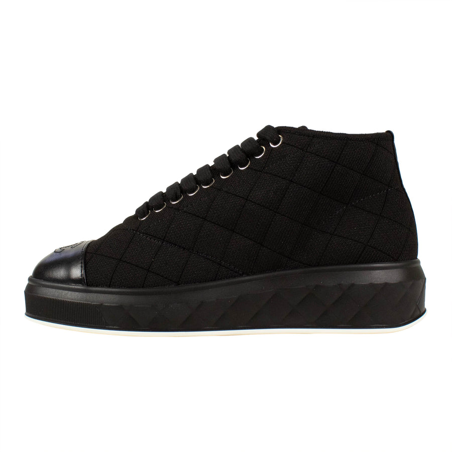 Quilted Canvas & Leather Lace Up Sneakers - Black