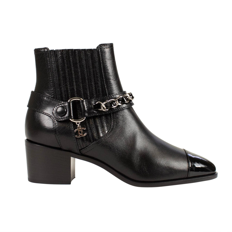 Goat Skin Chain Embellished Short Boots - Black