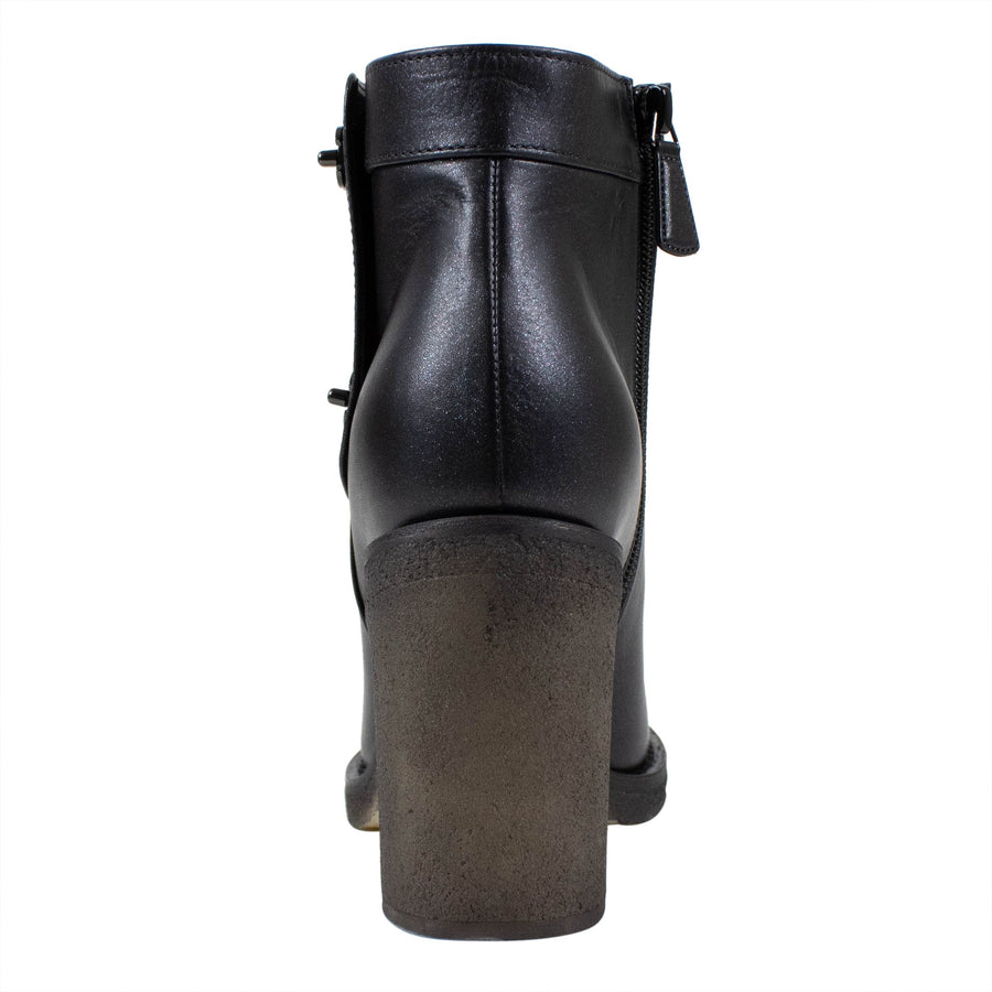 Glitter Leather Turnlock Short Boots - Black