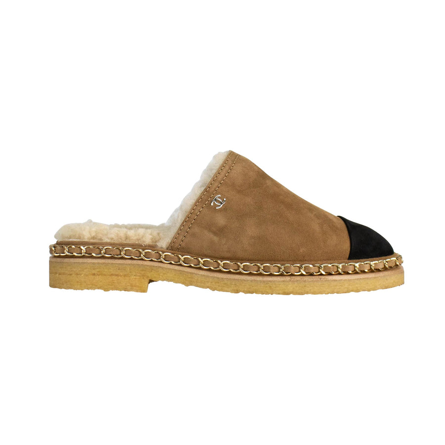 Suede Shearling Mules Slippers - Brown / Black