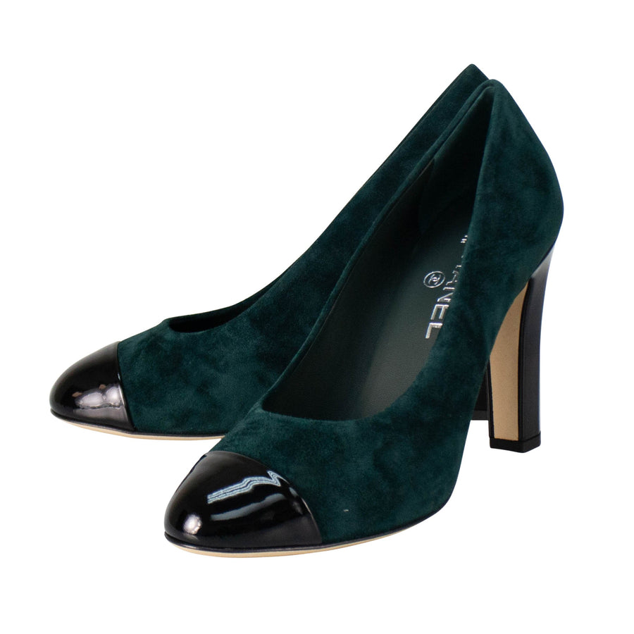 Suede And Patent Leather Cap Toe Pumps - Green