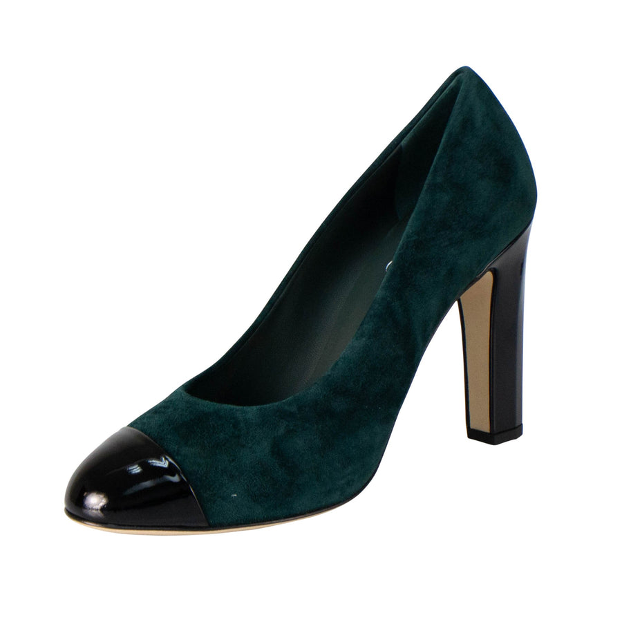 Suede And Patent Leather Cap Toe Pumps - Green