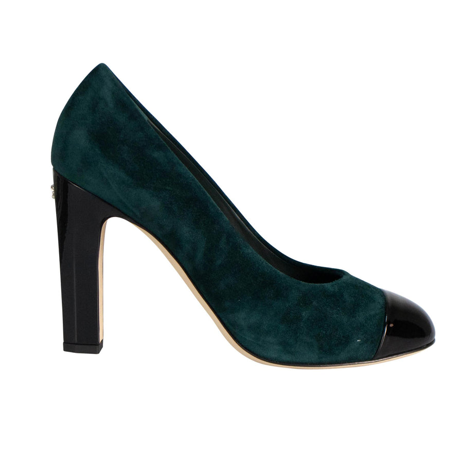 Suede And Patent Leather Cap Toe Pumps - Green