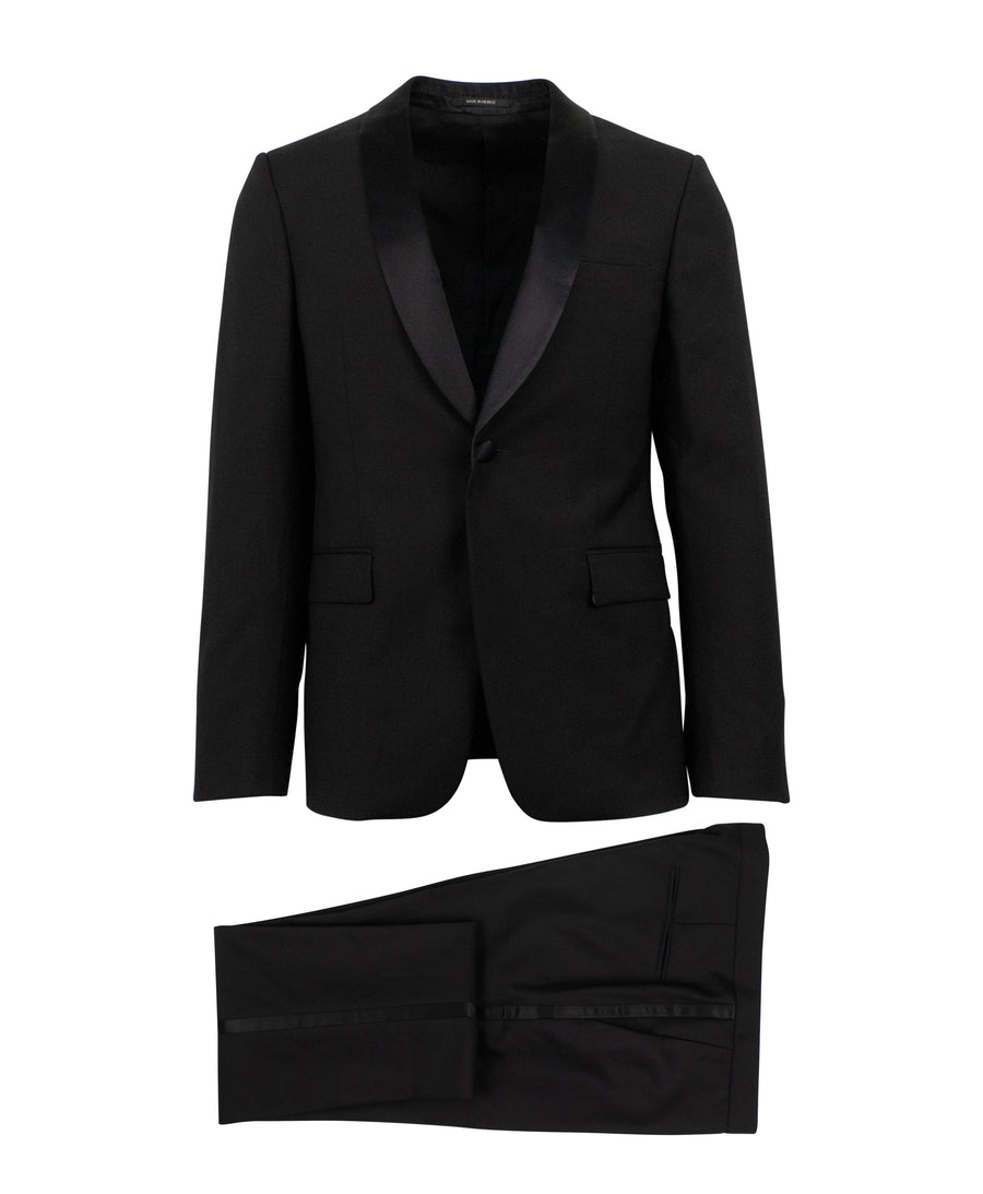 Wool One Button Tuxedo Suit - Black