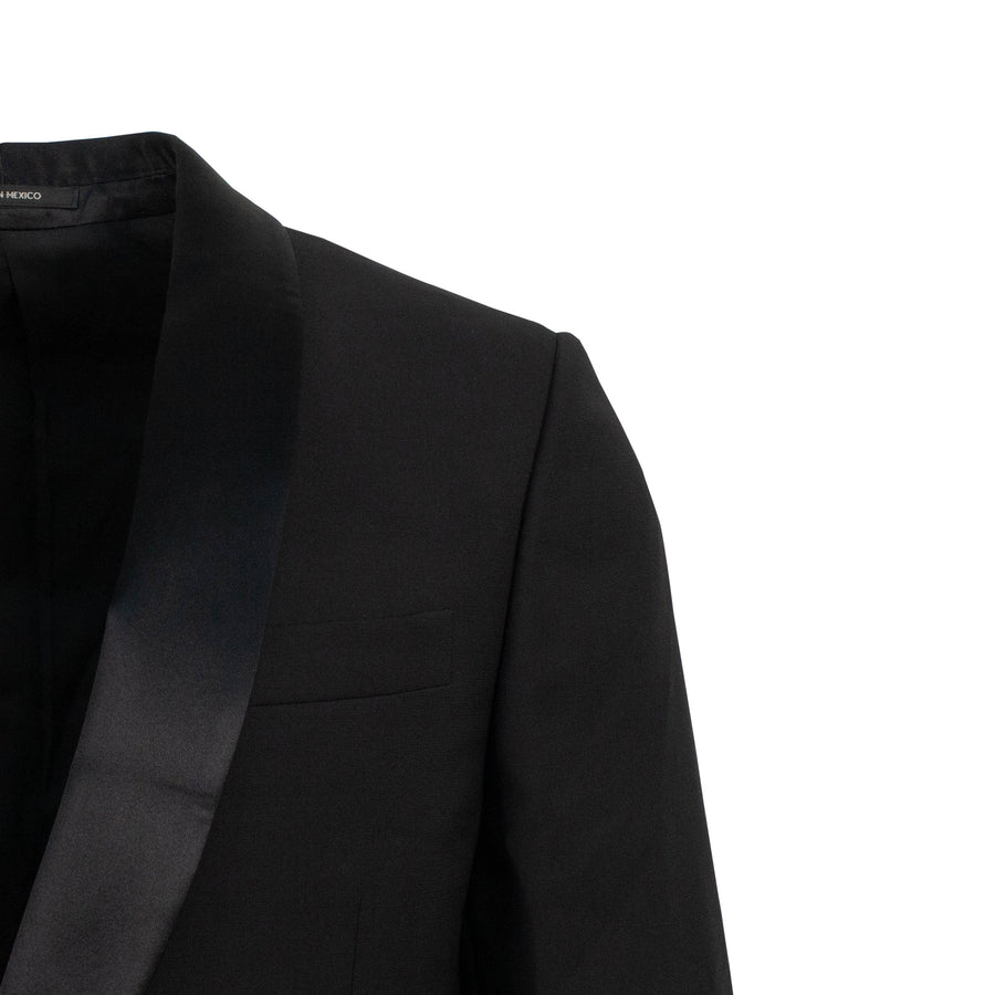 Wool One Button Tuxedo Suit - Black