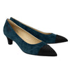 Calfskin Suede Cap Toe Kitten Pumps - Blue