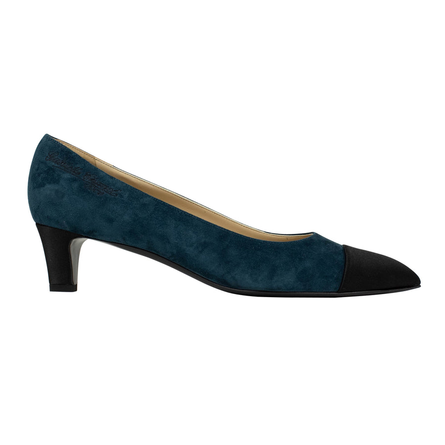 Calfskin Suede Cap Toe Kitten Pumps - Blue