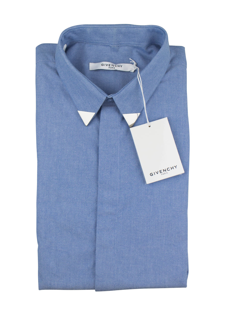 Cotton Button Down Metal Collar Shirt - Blue