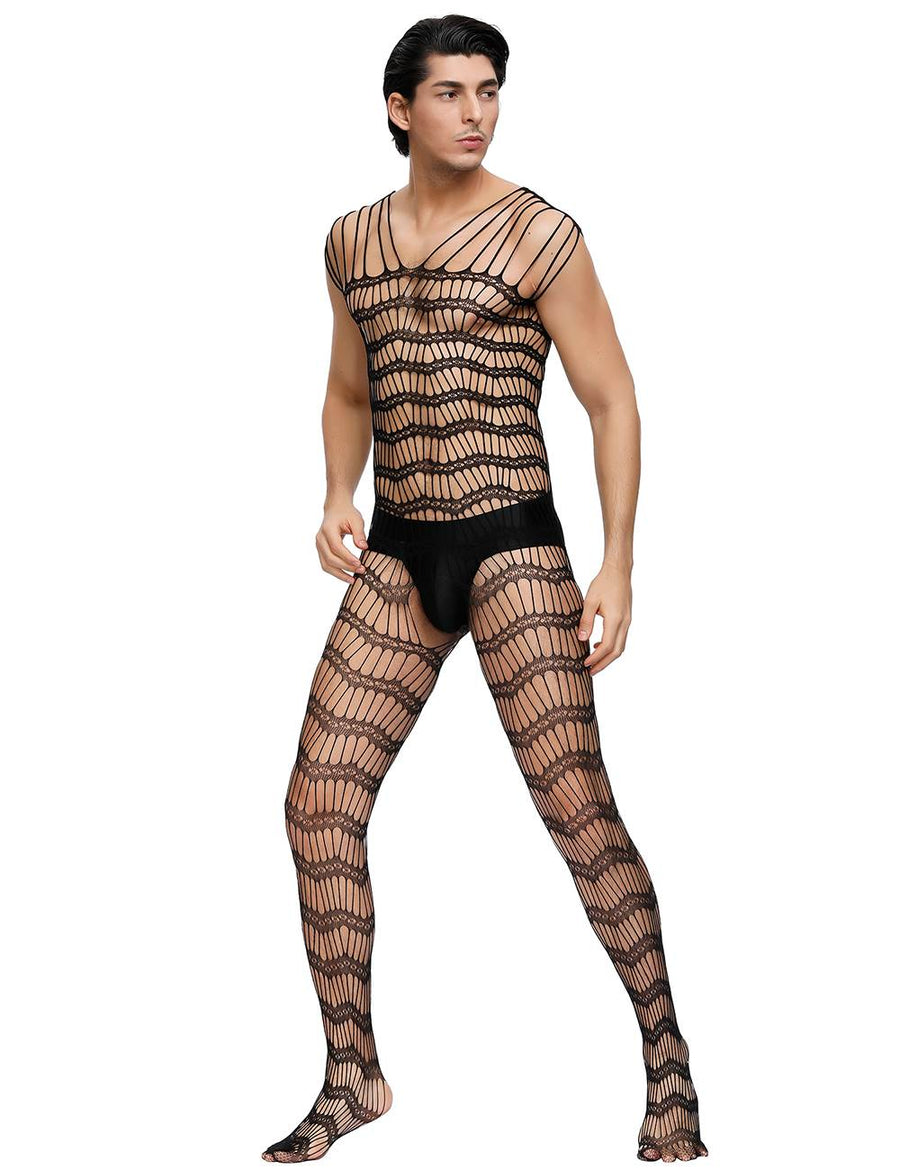 Black Strappy Shoulders Sheer Open Net Bodystockings For Men