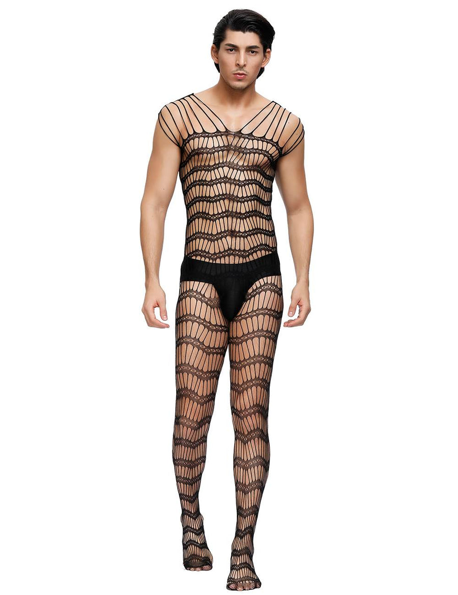 Black Strappy Shoulders Sheer Open Net Bodystockings For Men