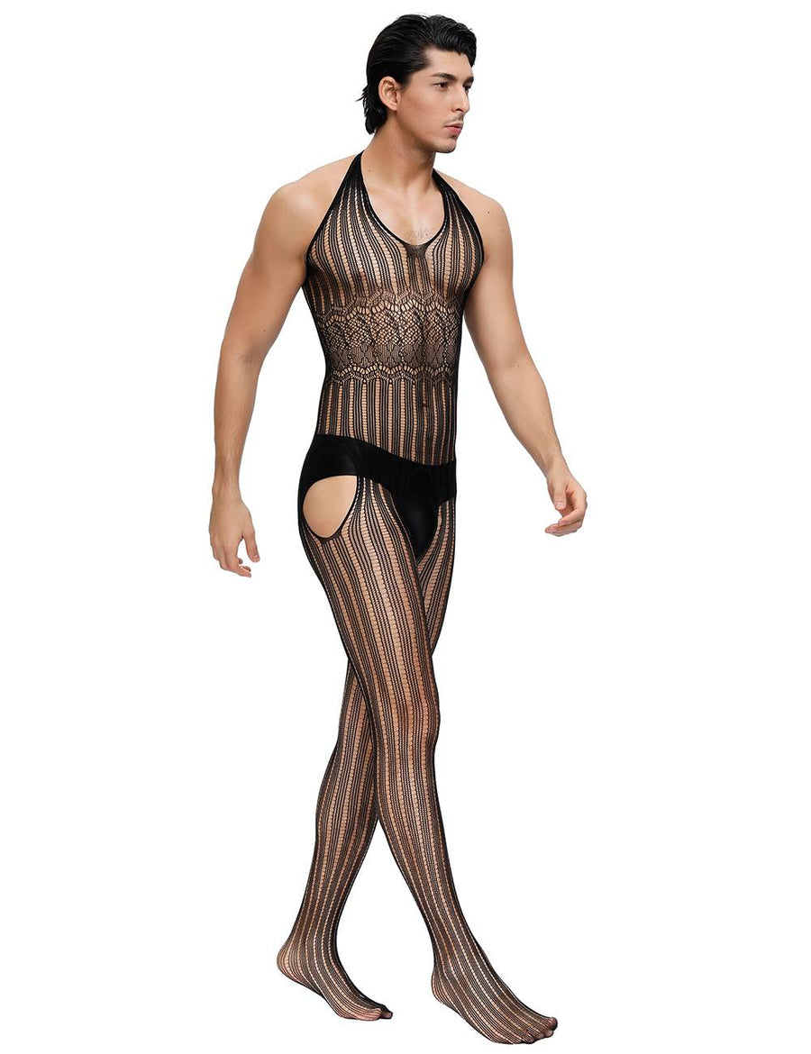 Black Stripe Detail Fishnet Open Back Body Stocking For Men