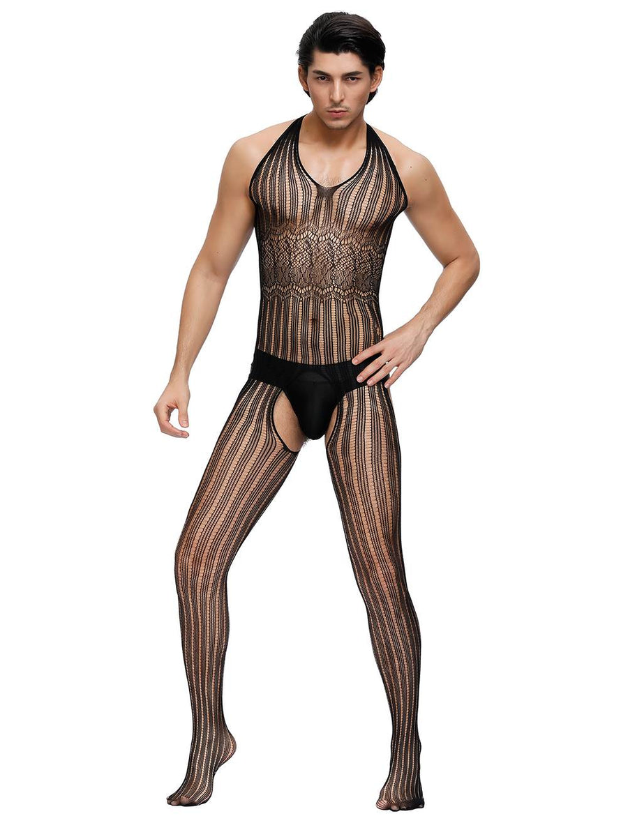 Black Stripe Detail Fishnet Open Back Body Stocking For Men