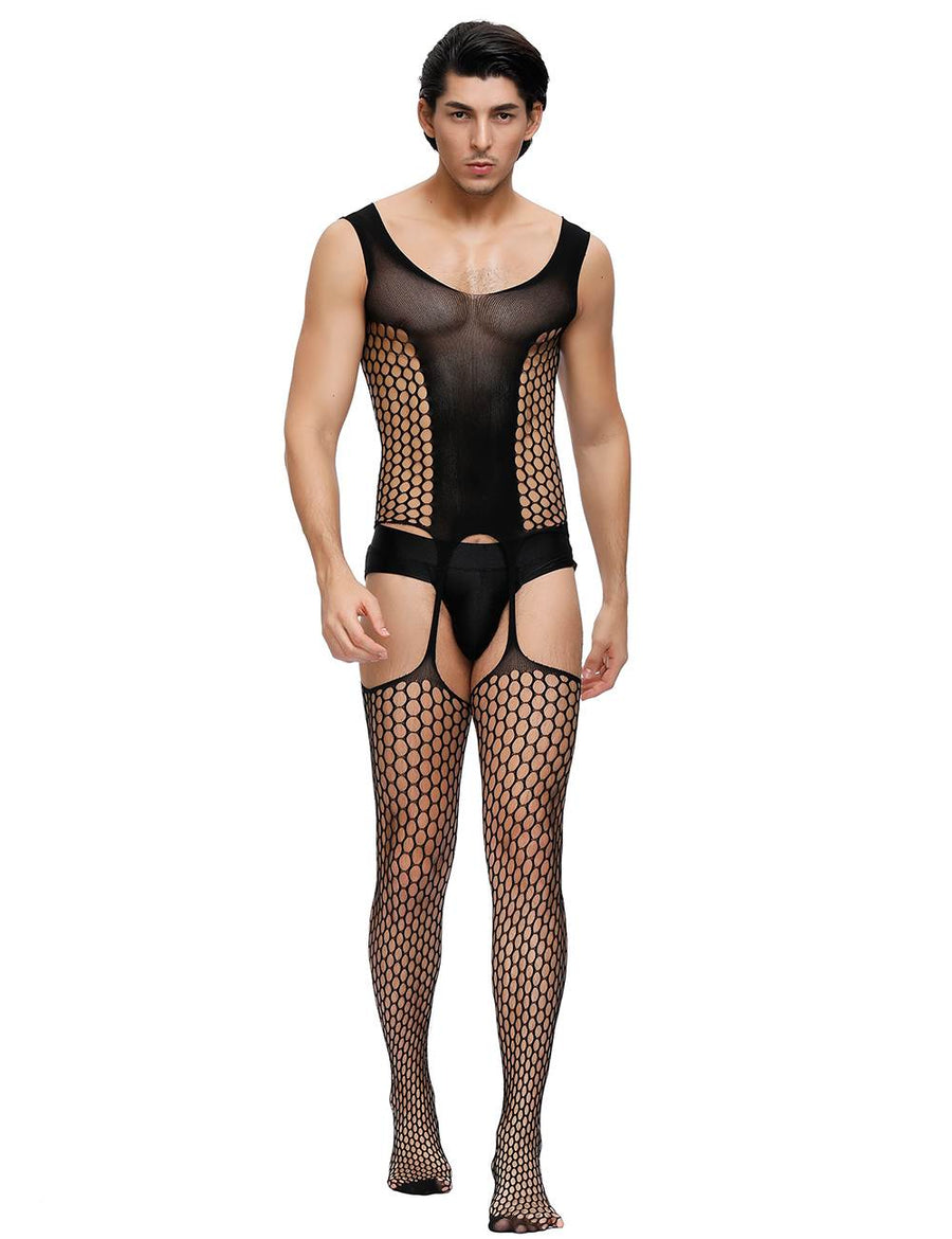 Bold Cutout Pothole Black Bodystockings For Men