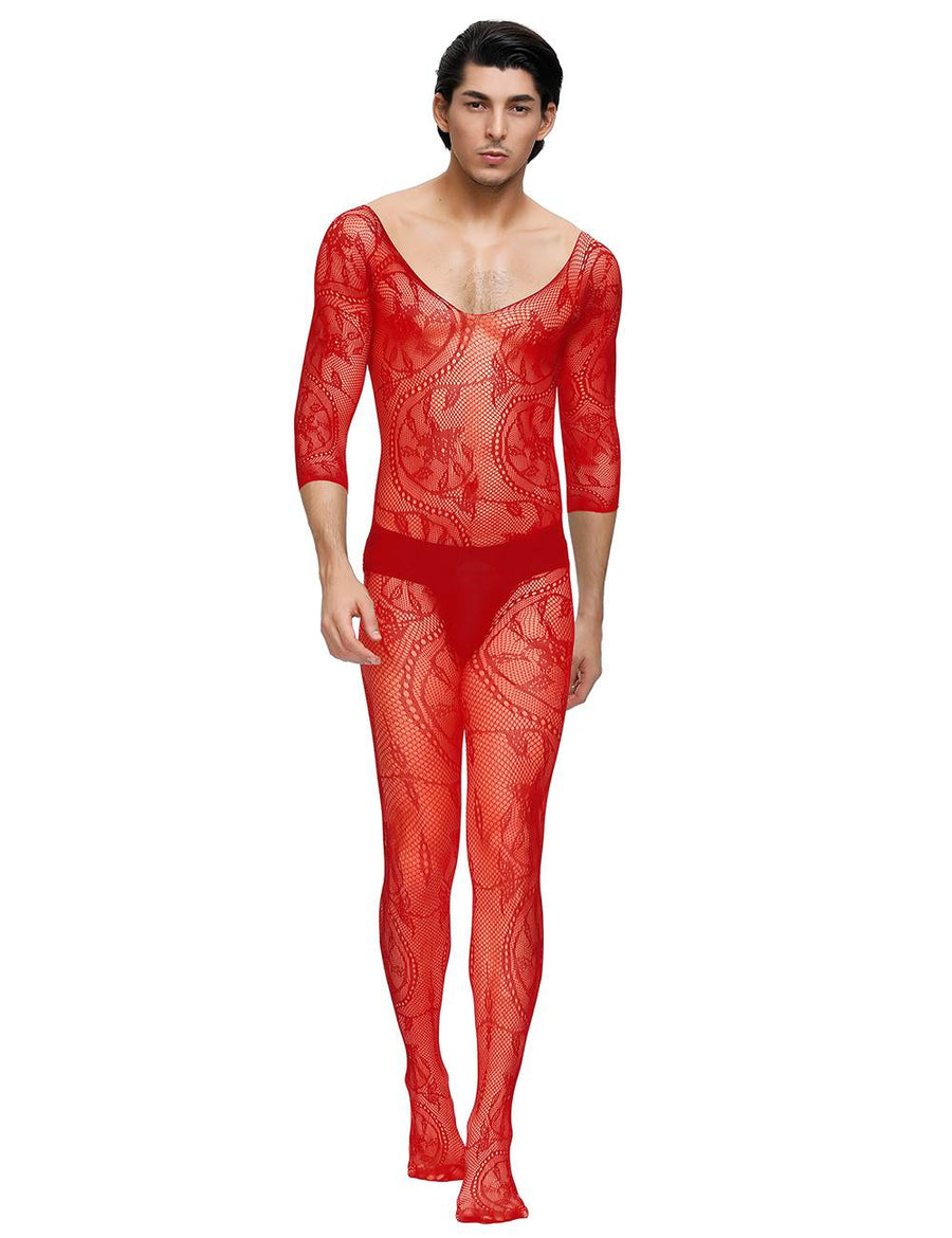 Fishnet & Lace Crotchless Floral Red Bodystockings For Men