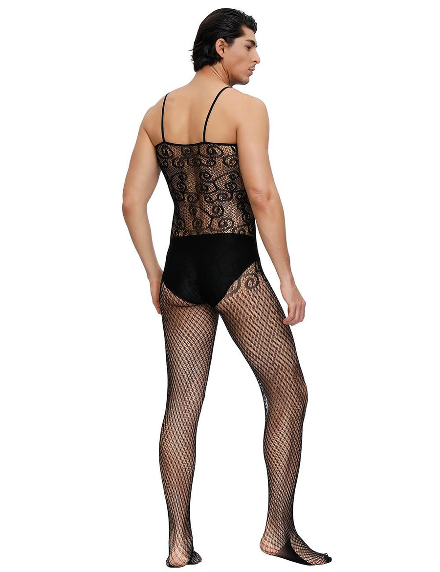 Sexy Black Crocheted Fishnet Bodystockings For Men