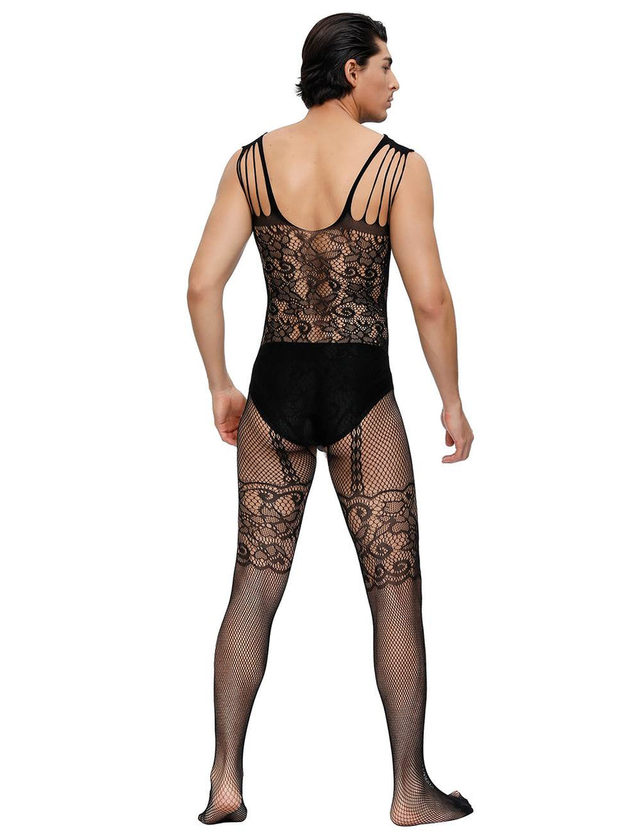 Strappy Shoulders Floral Motif Mesh Black Bodystockings For Men