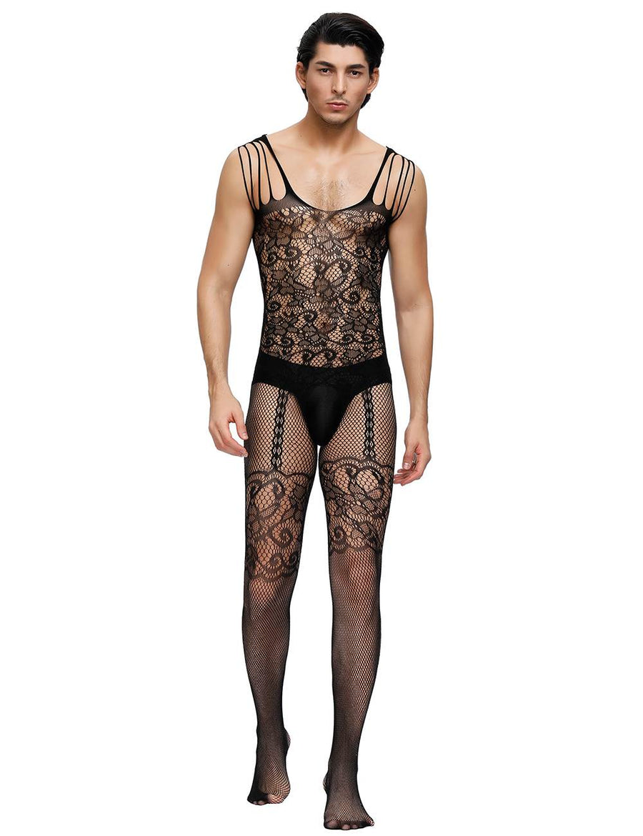 Strappy Shoulders Floral Motif Mesh Black Bodystockings For Men