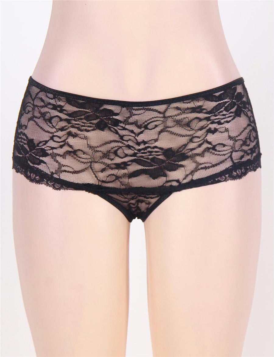 Black Open Crotch Floral Lace Panty