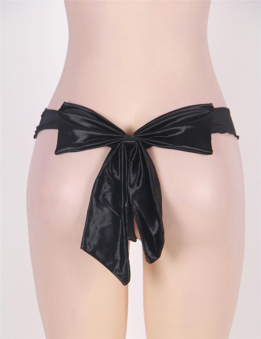 Black Mesh Big Bow Ruffled Thong