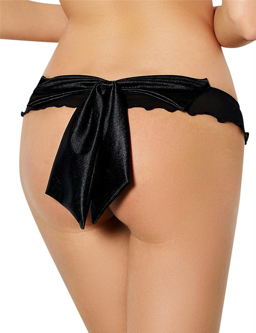 Black Mesh Big Bow Ruffled Thong