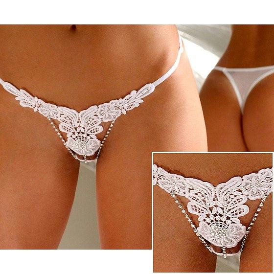 Sexy White Floral G-string With Bead