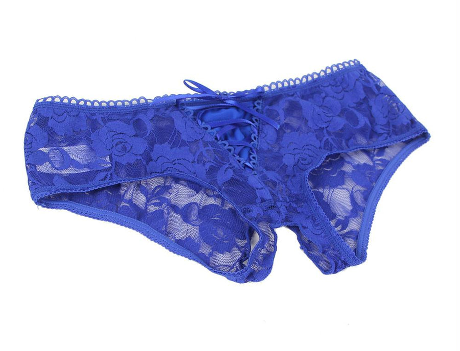 Blue Open Crotch Strappy Lace Thongs