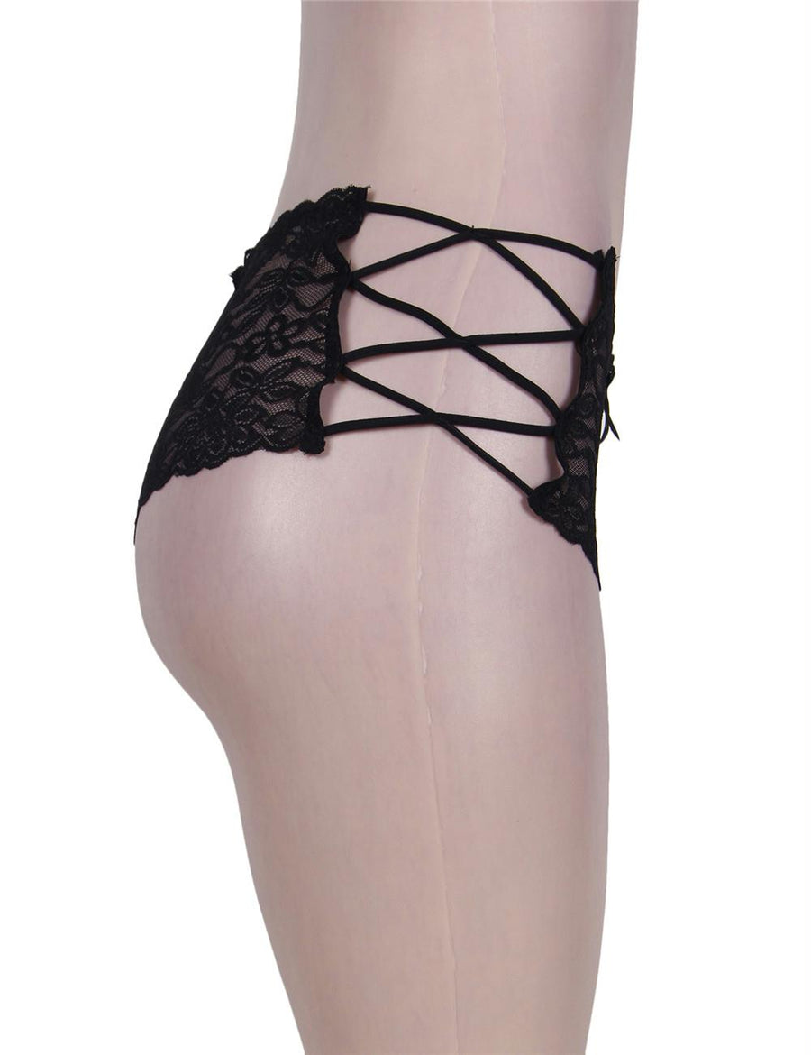 Sexy Black High Waist Floral Lace Strappy Panty