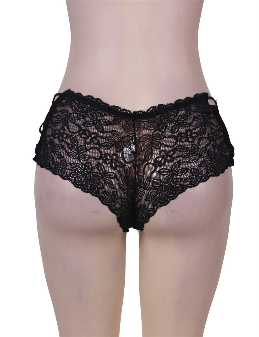 Sexy Black High Waist Floral Lace Strappy Panty