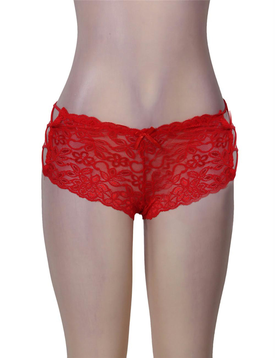 Red Sexy Strappy Floral Lace High Waist Panty