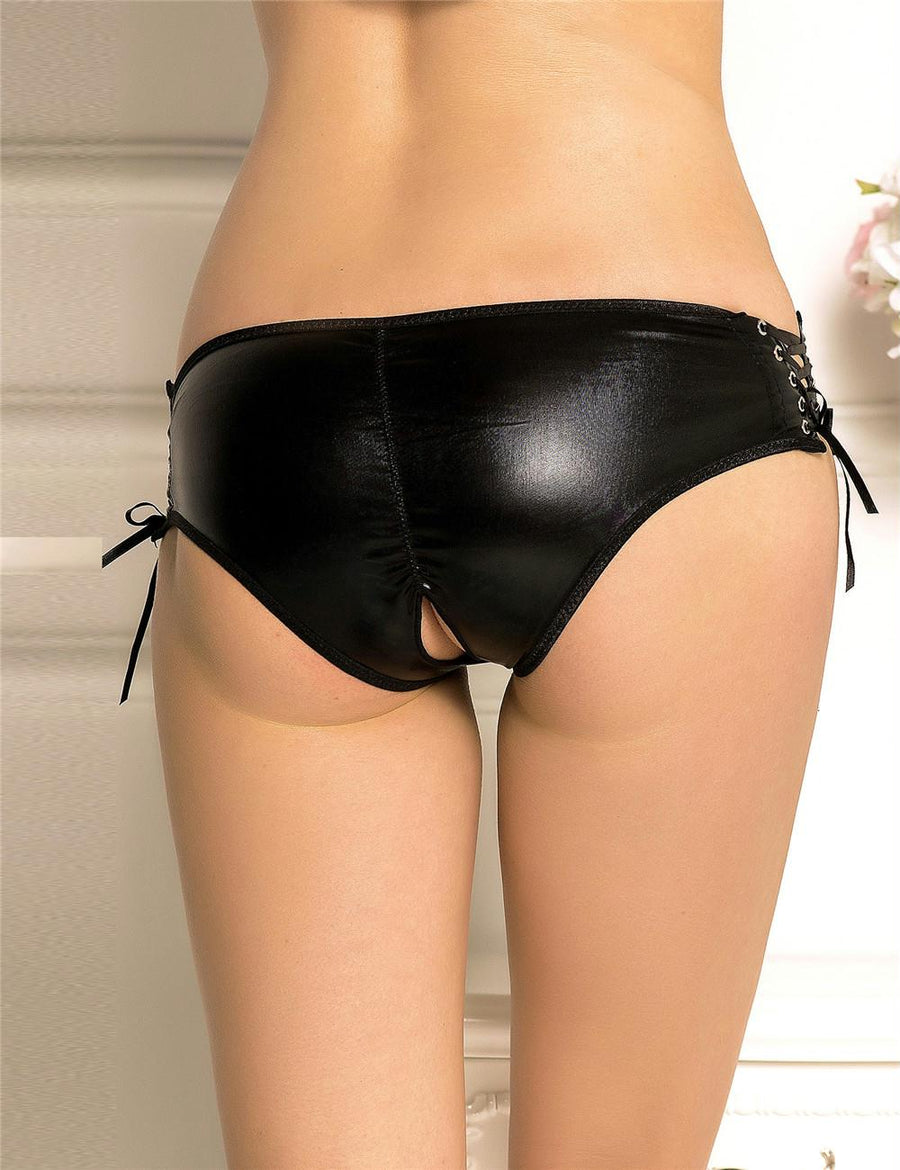 Leather Open Crotch Strappy Black Panty