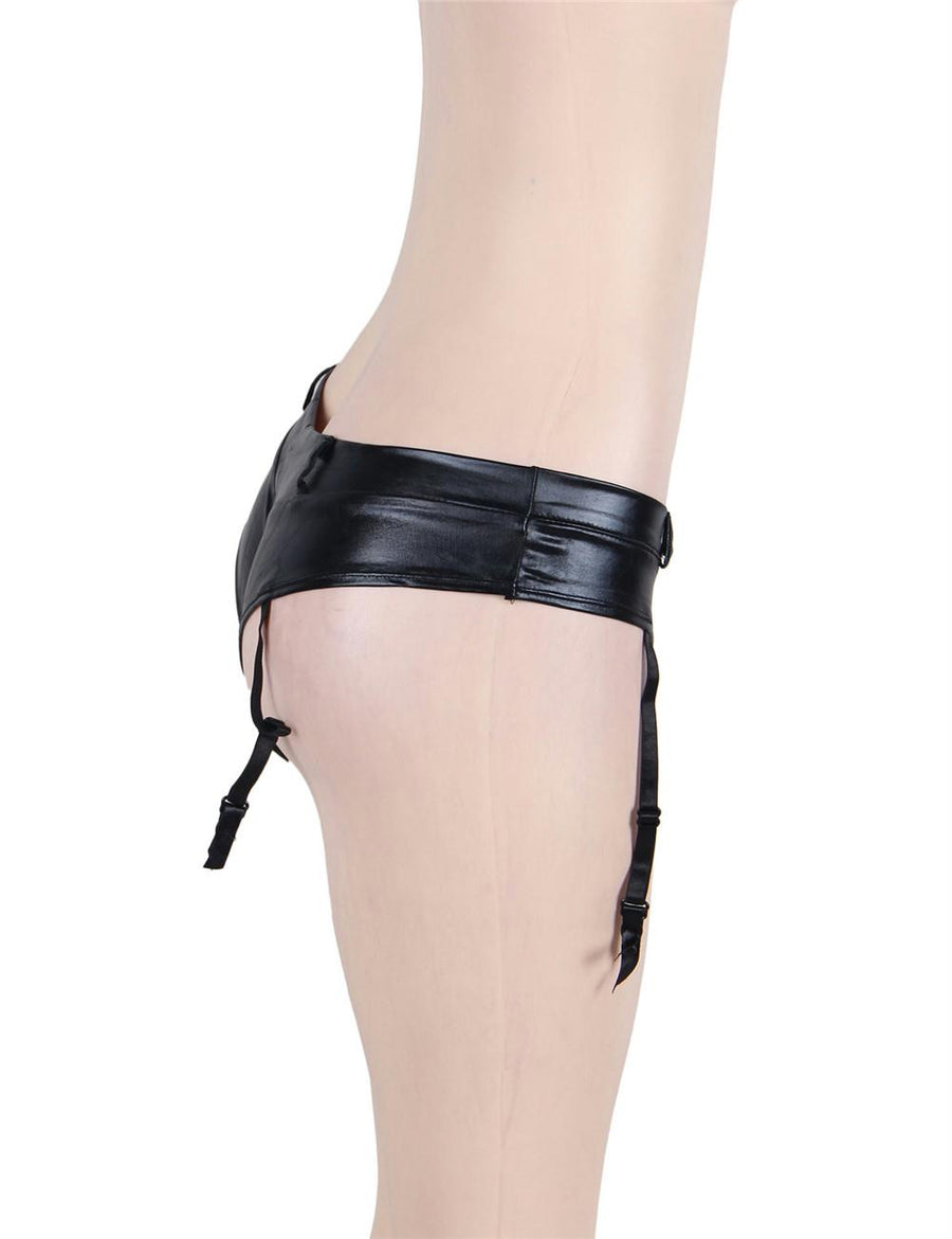 Leather Zipper Black Garter Panty