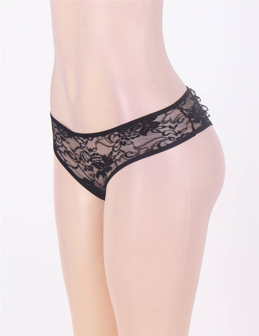 Black Open Crotch Floral Lace Panty