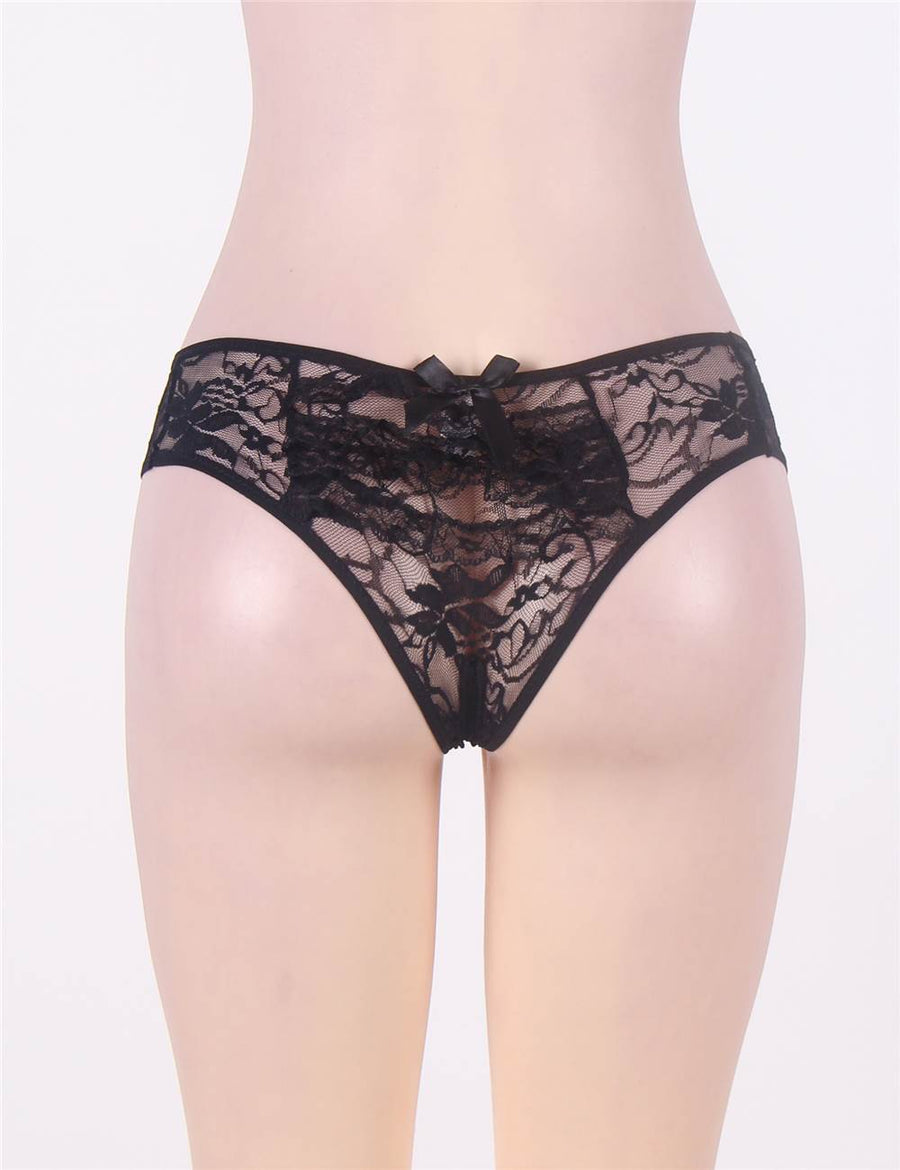 Black Open Crotch Floral Lace Panty